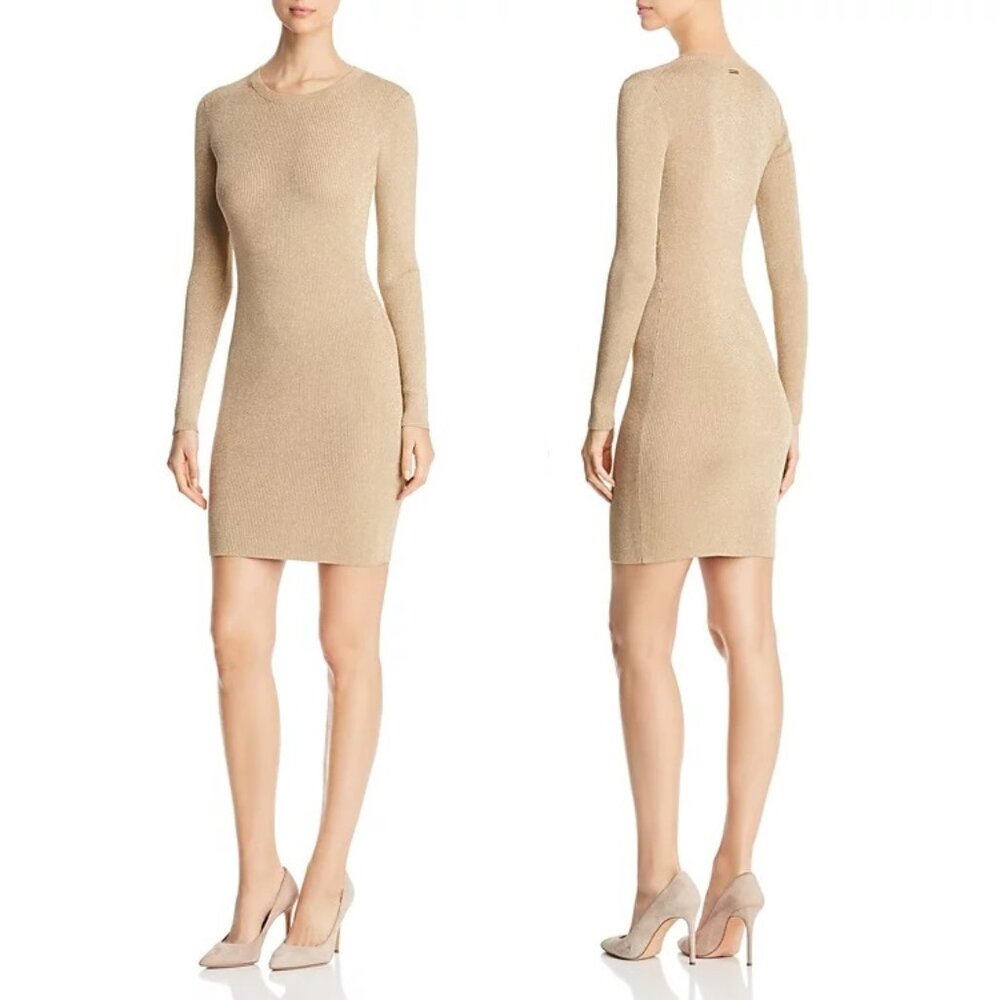 MICHAEL Michael Kors Gold Metallic Ribbed Knit Sweater Dress